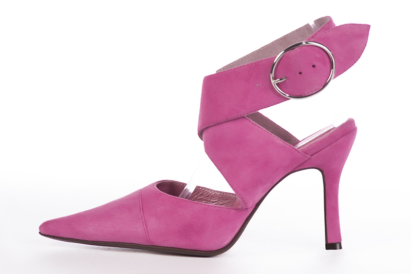 Shocking pink women's open back shoes, with crossed straps. Pointed toe. Very high spool heels. Profile view - Florence KOOIJMAN